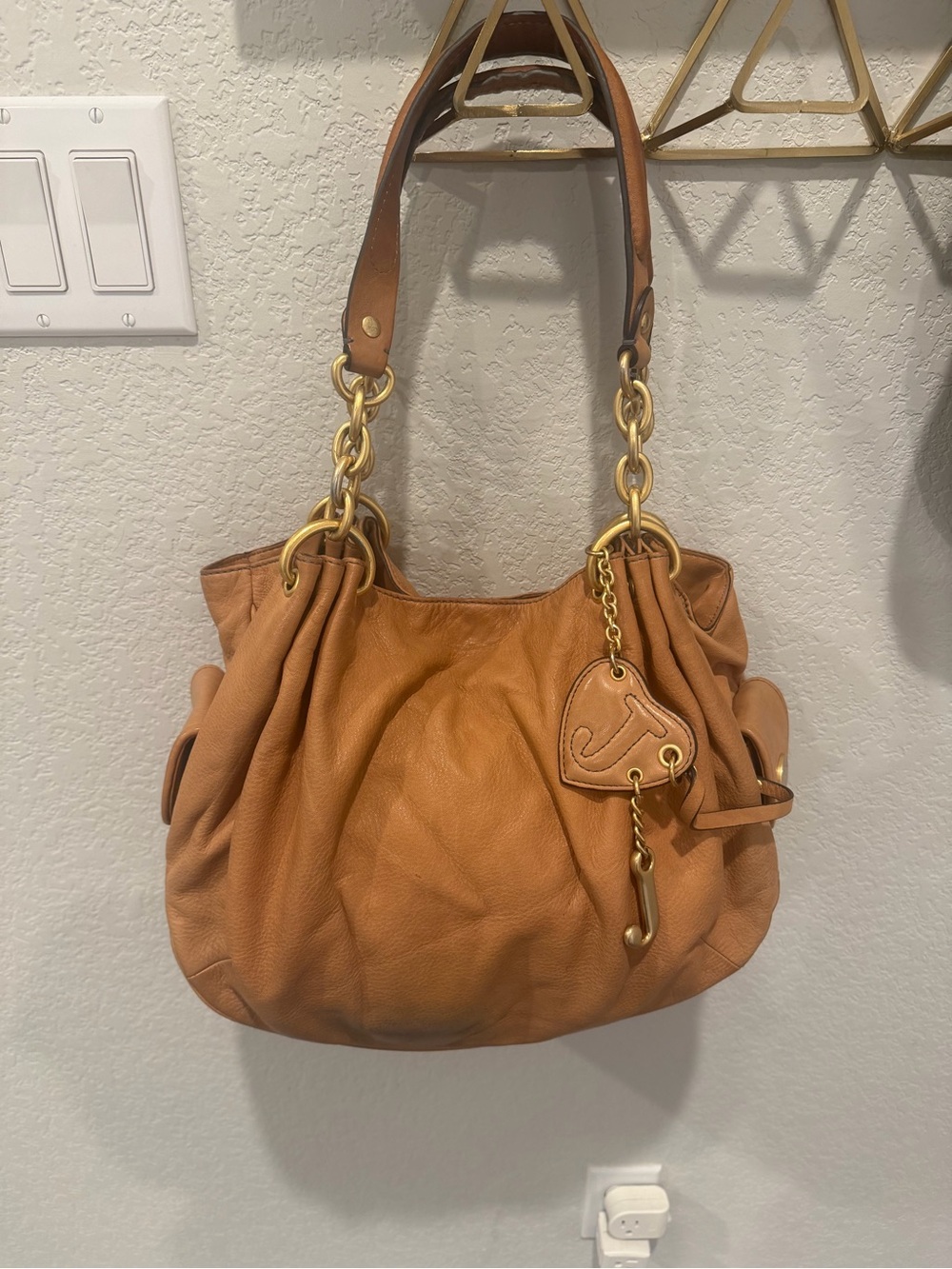 Vintage Juicy Couture Camel Cowhide Tan Leather Shoulder Bag with Gold Hardware